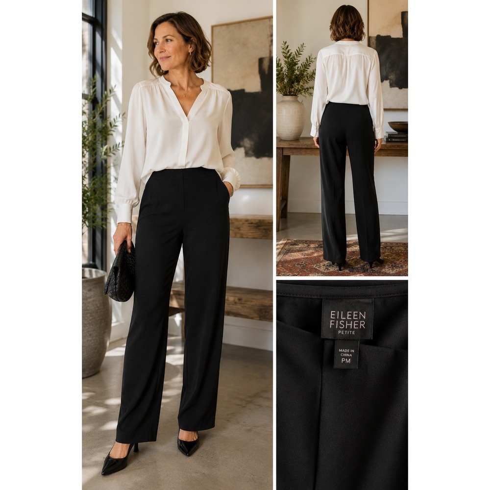 Eileen Fisher Petite M Black 100% Silk Straight Leg Pants Capsule Quiet Luxury